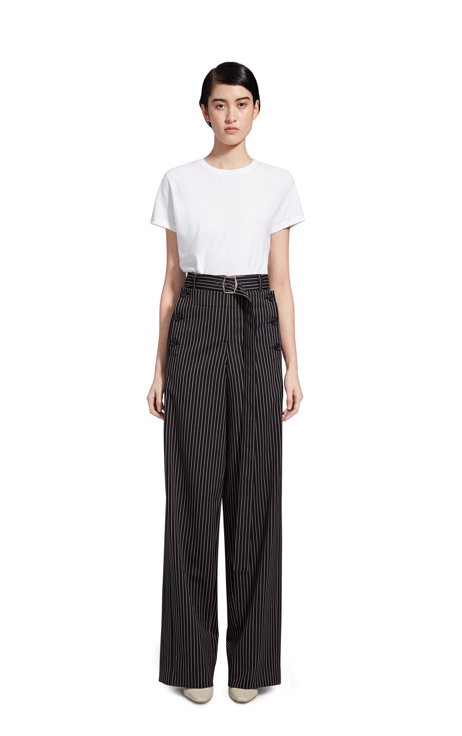 Anouk Pinstripe Stretch Wool Belted Long Pant