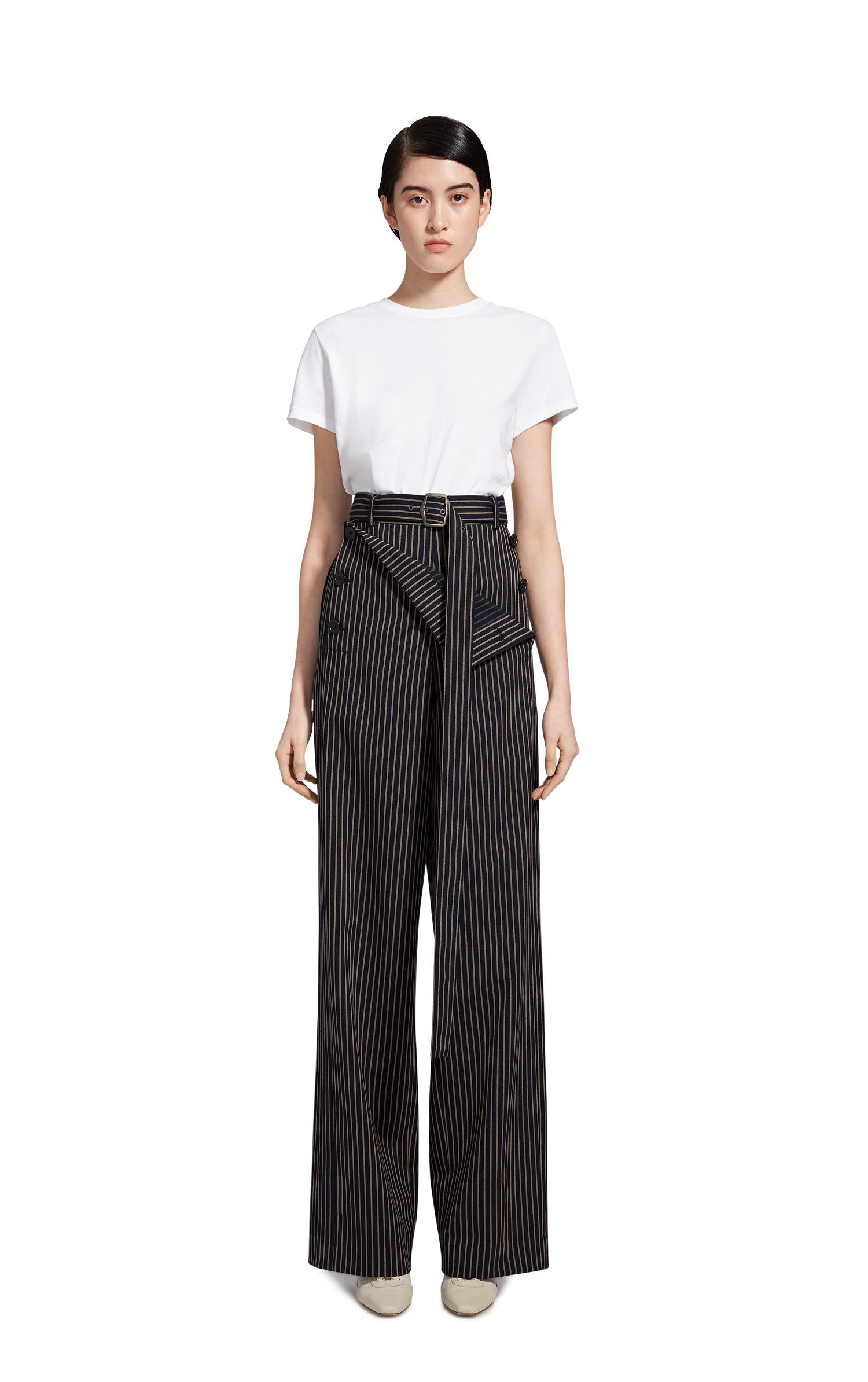 Anouk Pinstripe Stretch Wool Belted Long Pant