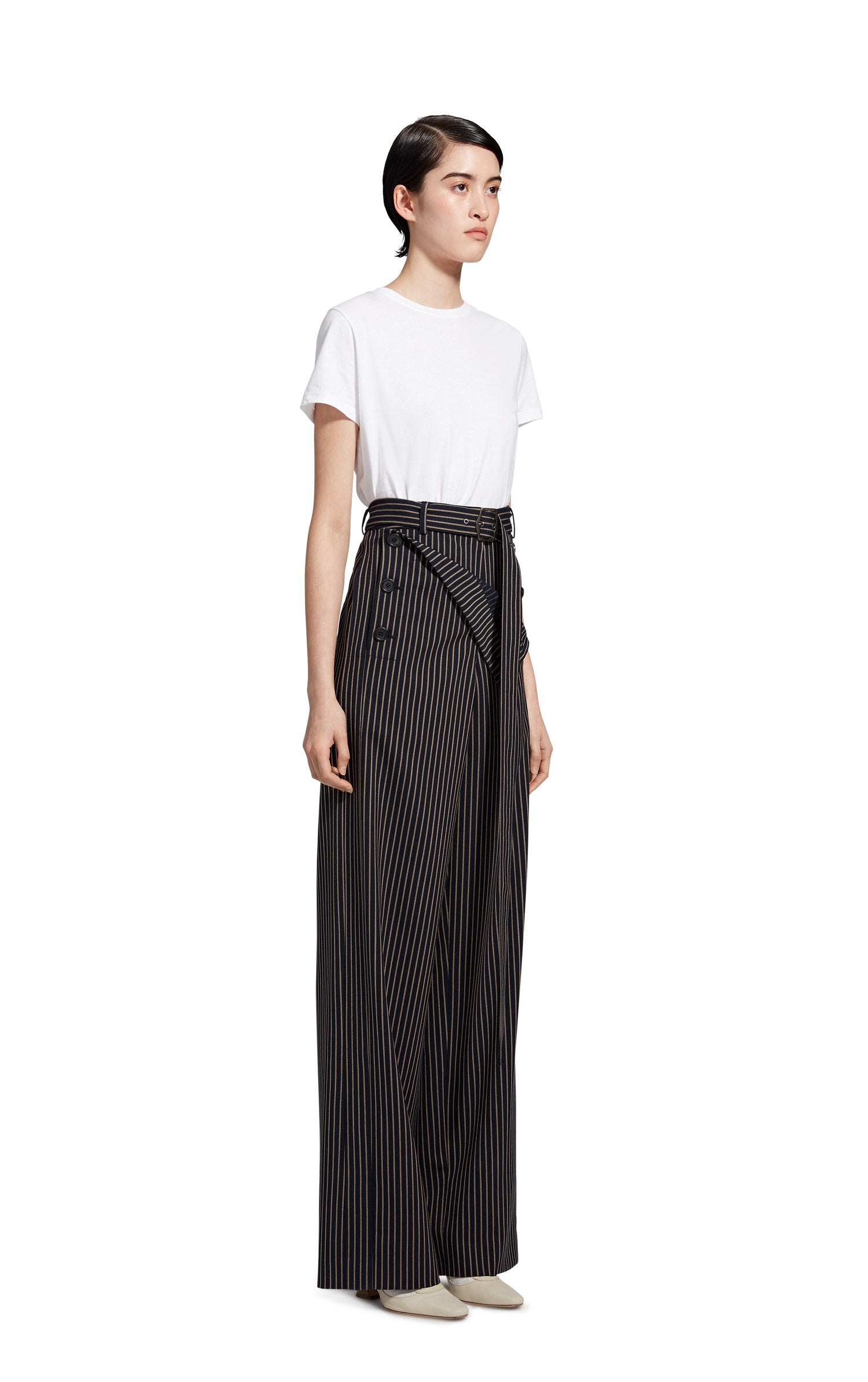Anouk Pinstripe Stretch Wool Belted Long Pant