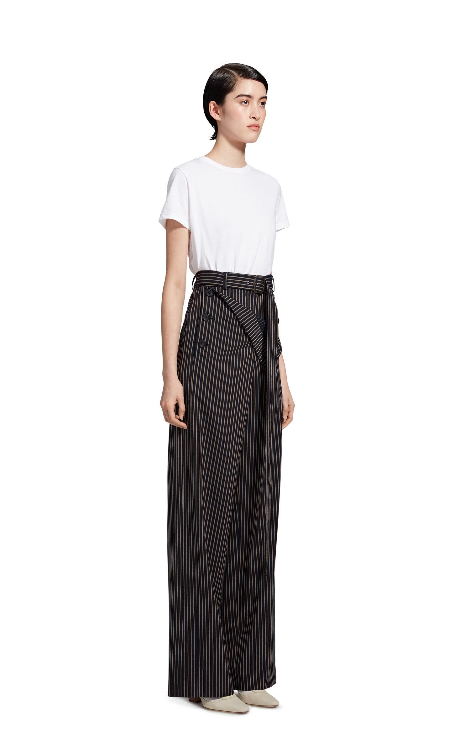 Anouk Pinstripe Stretch Wool Belted Long Pant