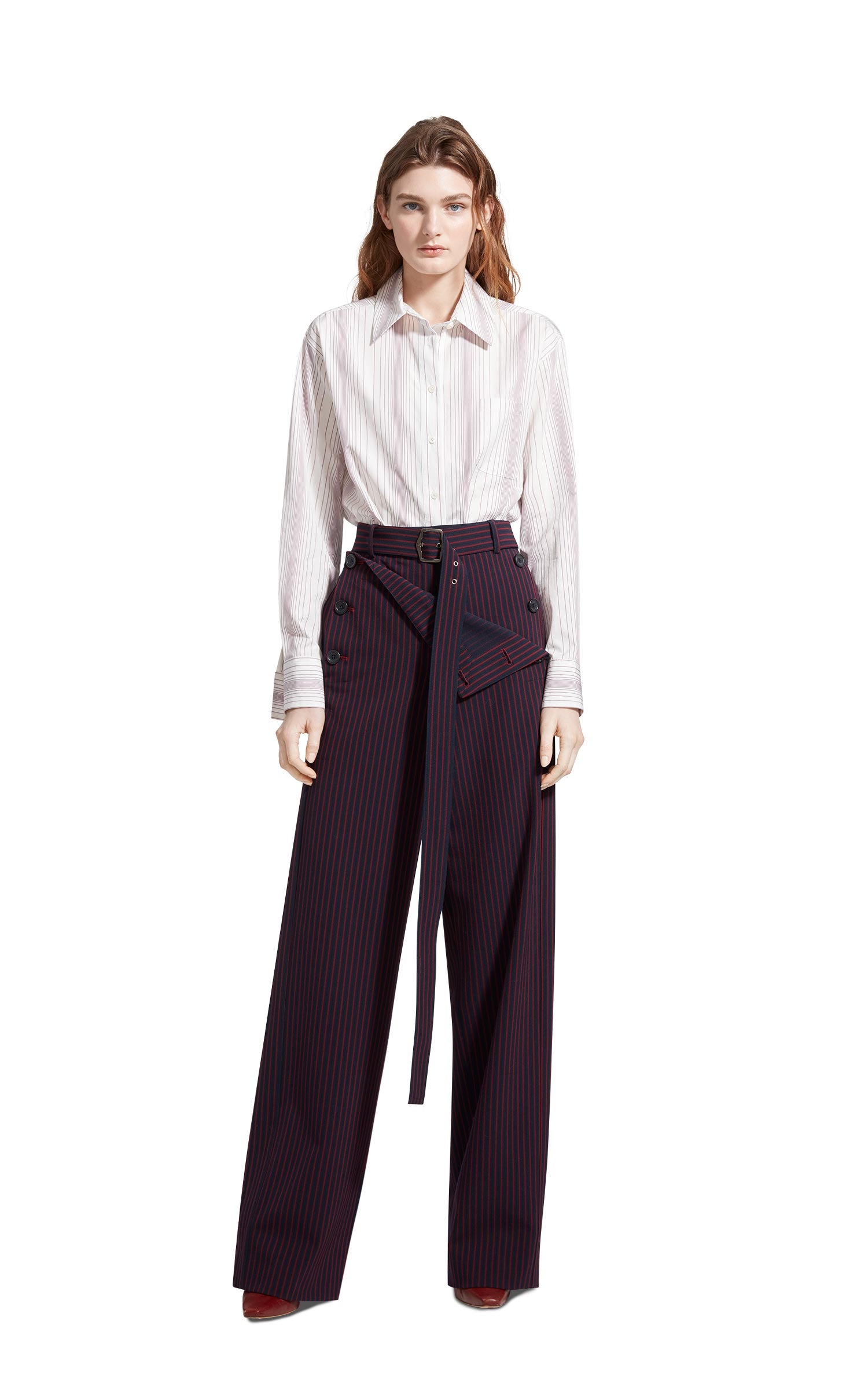 Anouk Pinstripe Stretch Wool Belted Long Pant