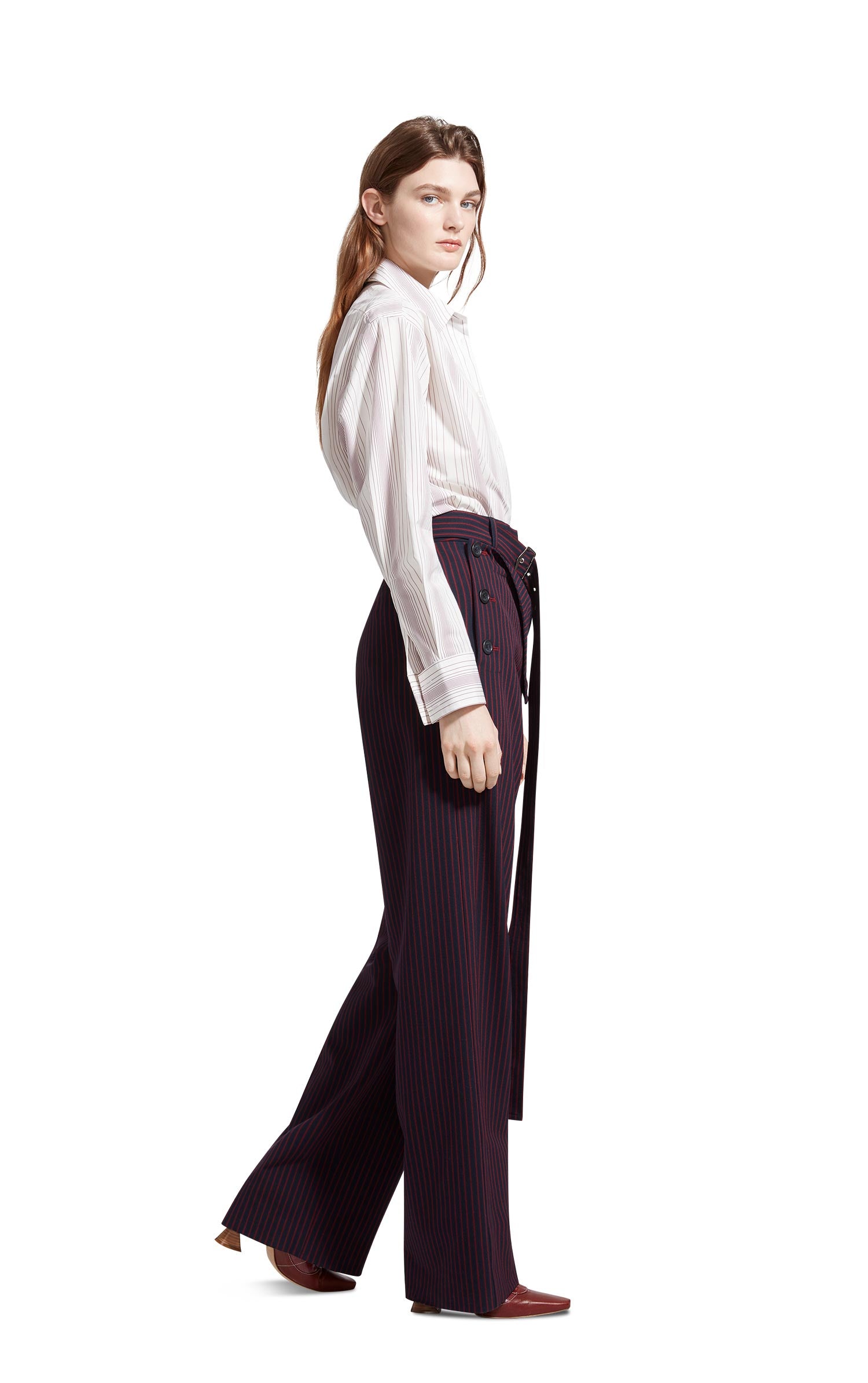 Anouk Pinstripe Stretch Wool Belted Long Pant