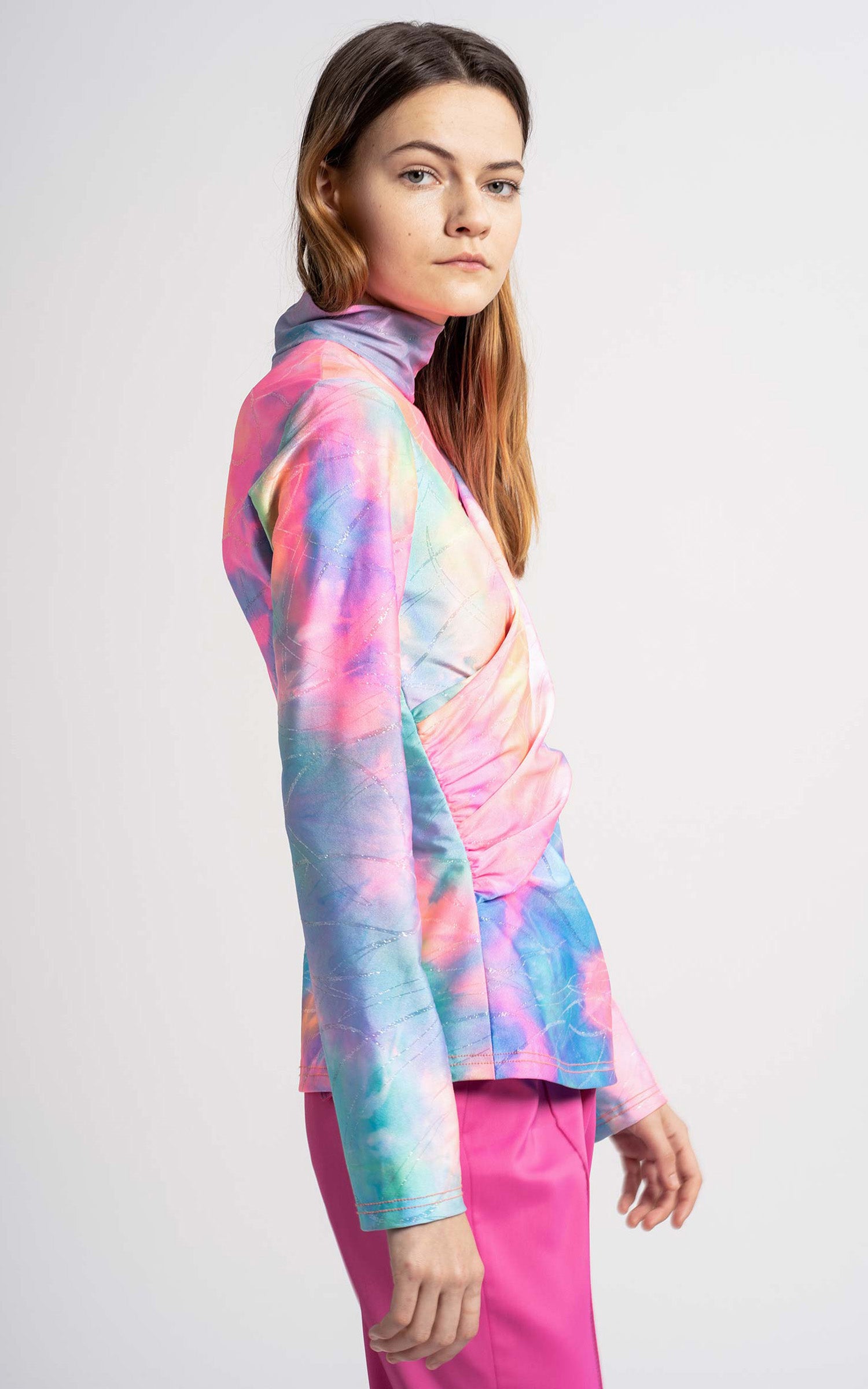 Peyton Glitter Tie Dye Wrapped Mockneck Top