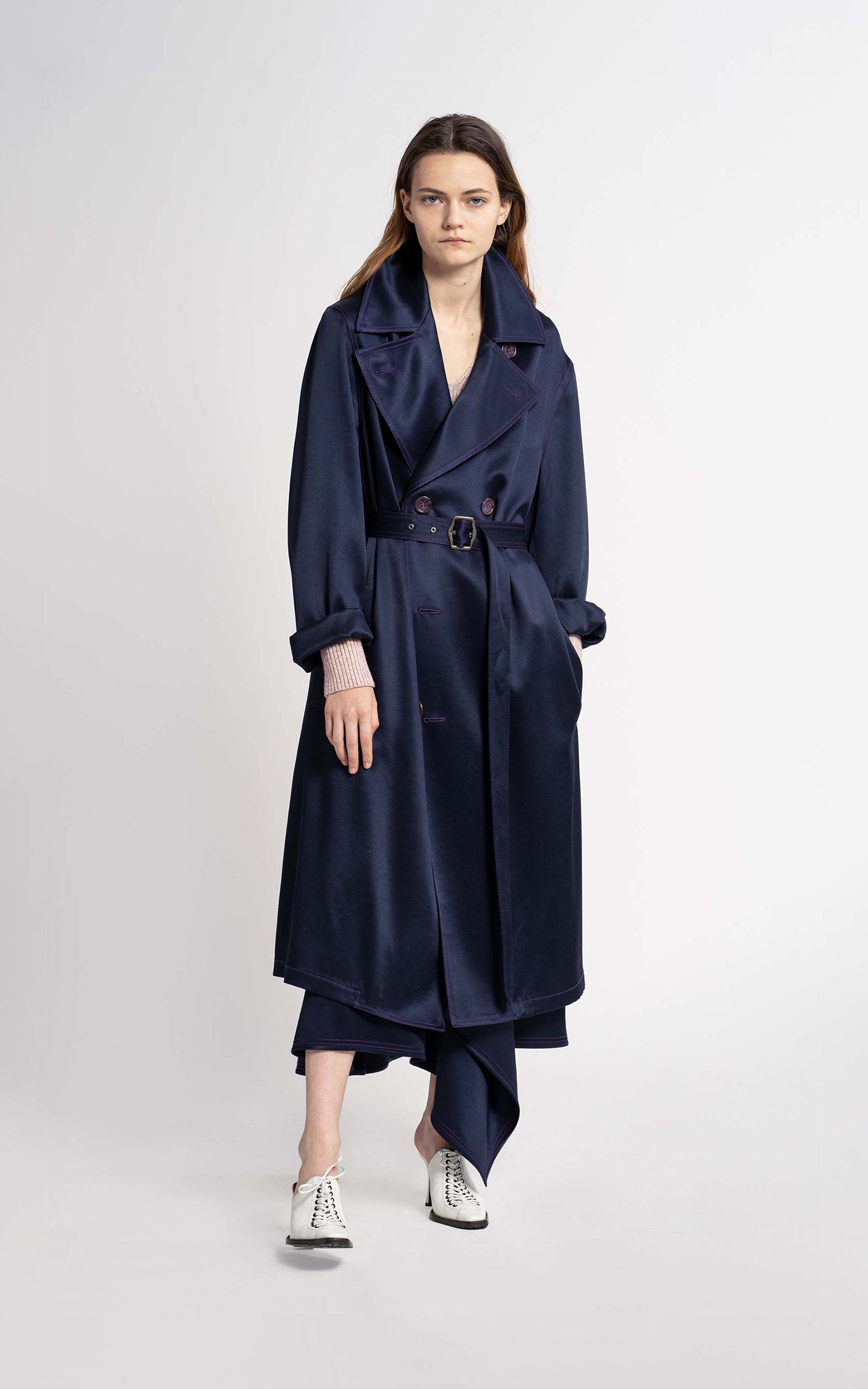 Sies Marjan Sigourney Twill Satin Double Breasted Trench Coat