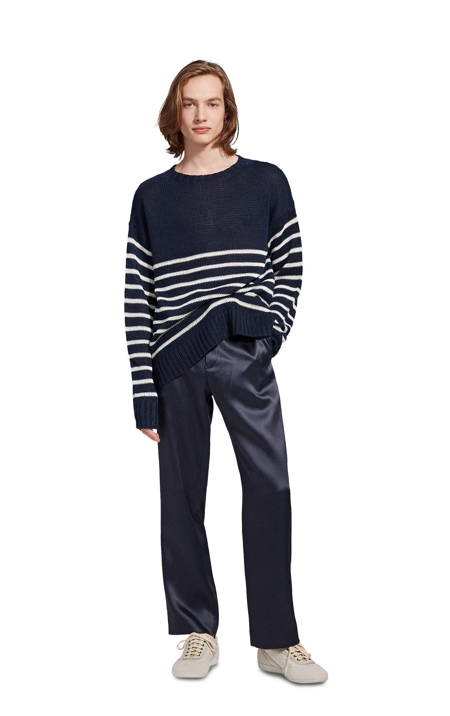 Sies Marjan Kyle Linen Stripe Crewneck Sweater Denim Pearl Men s Knitwear