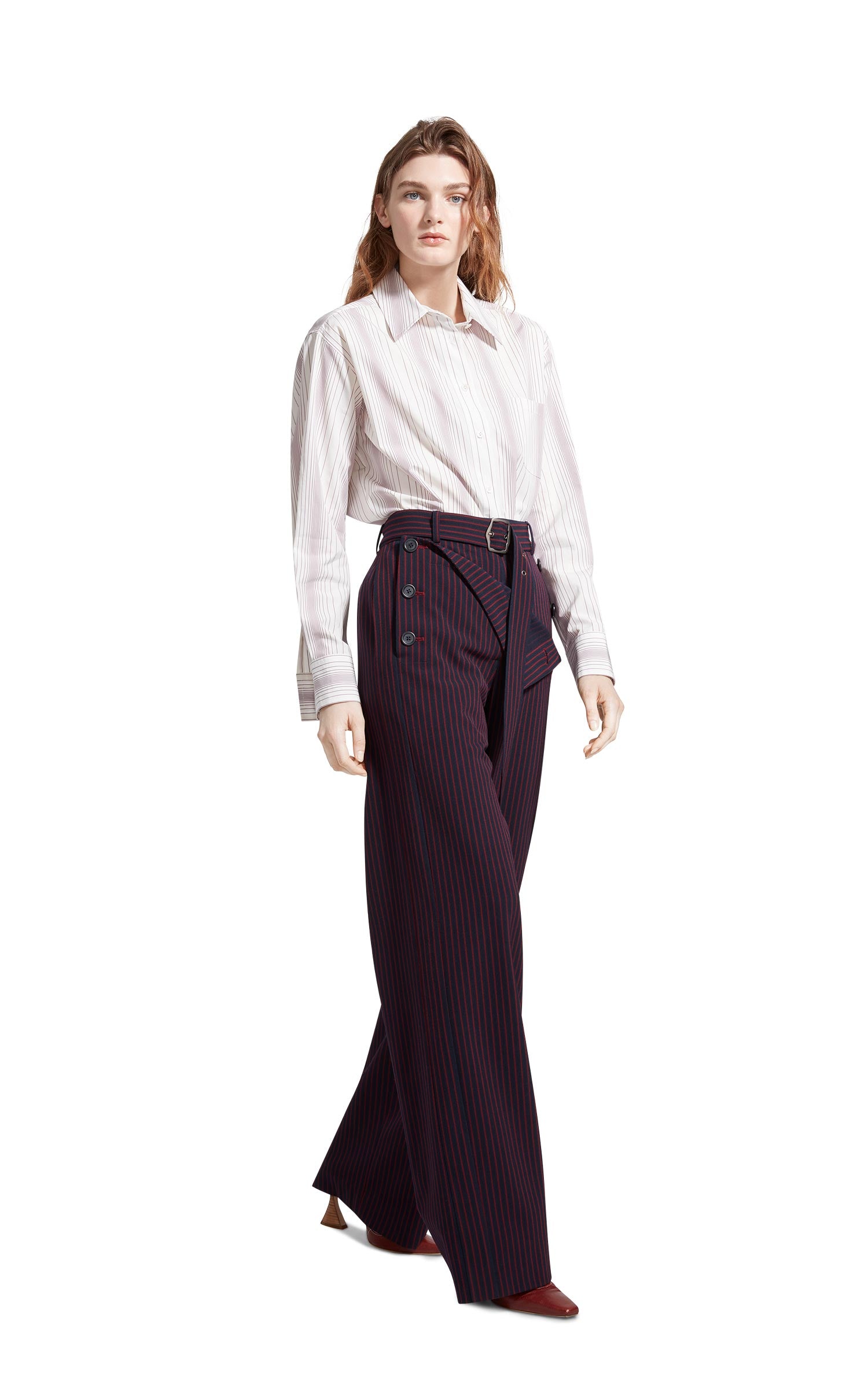 Anouk Pinstripe Stretch Wool Belted Long Pant