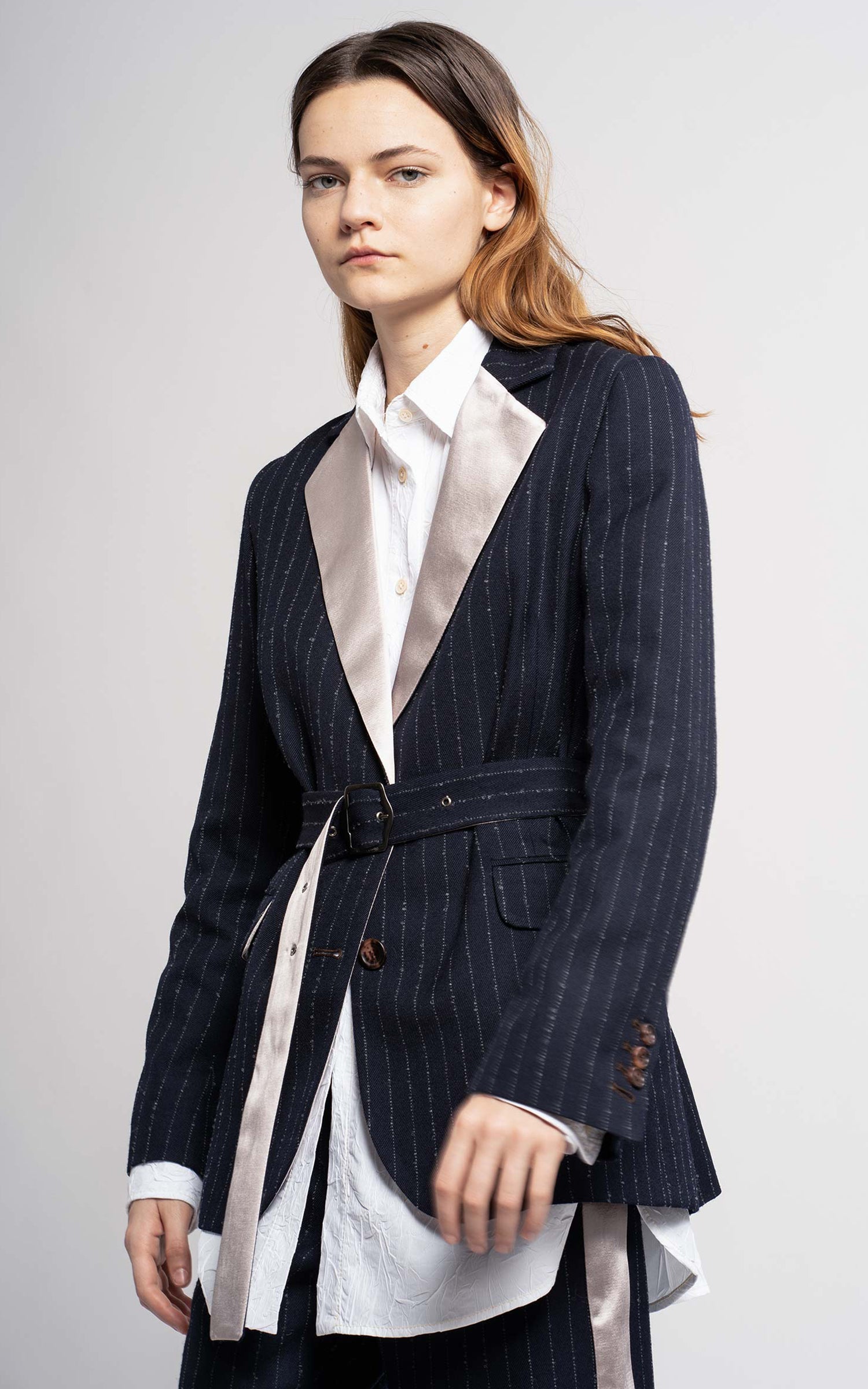 Terry Mohair Pinstripe Belted Blazer