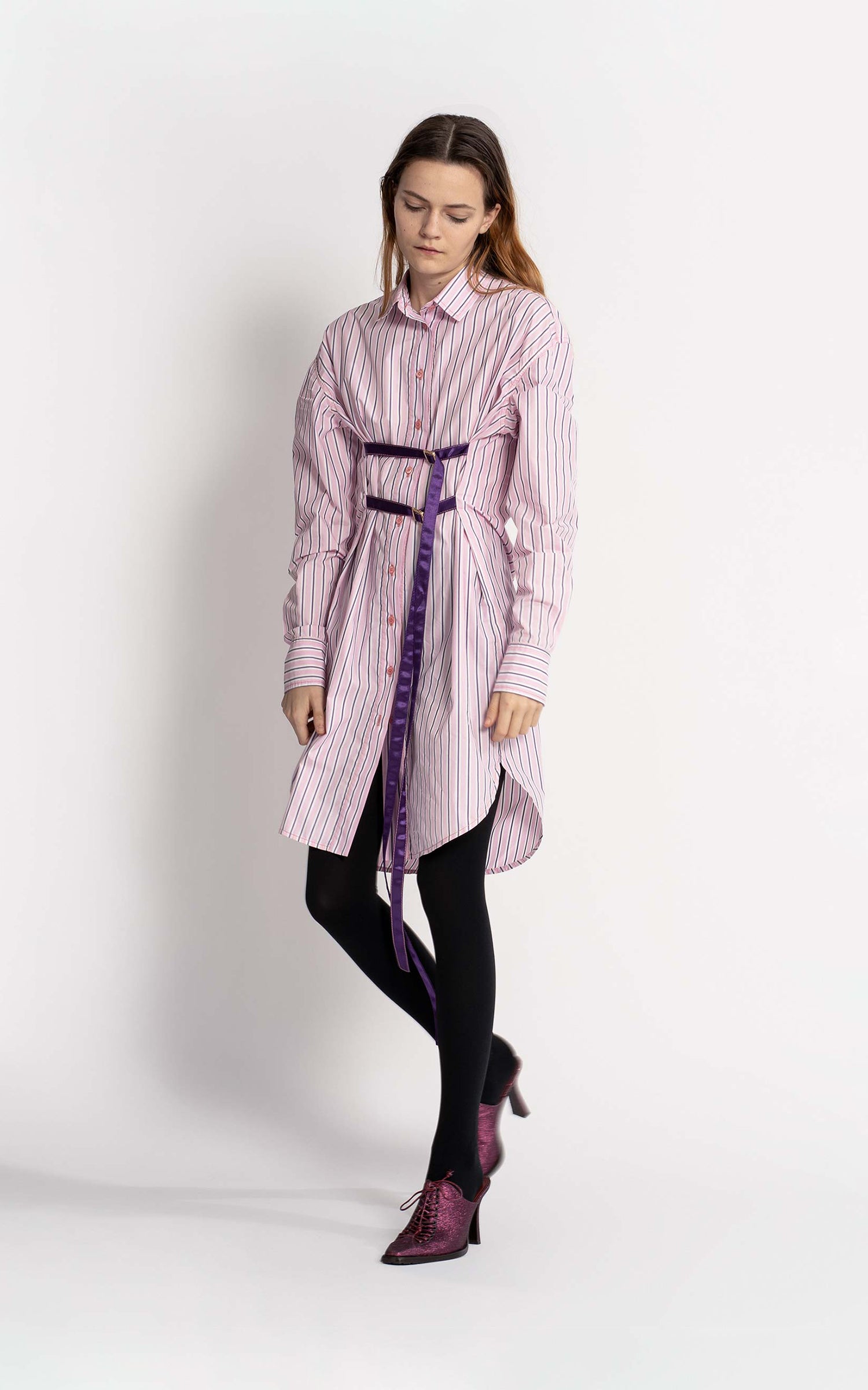 Silvia Striped Poplin Belt Shirt Dress