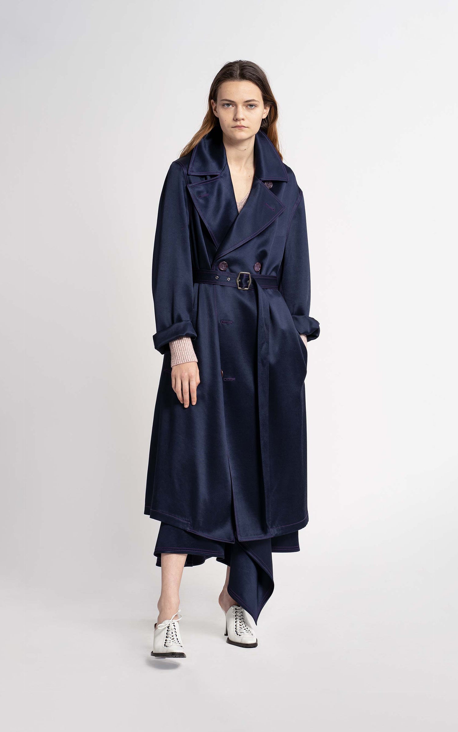 Sigourney Twill Satin Double Breasted Trench Coat