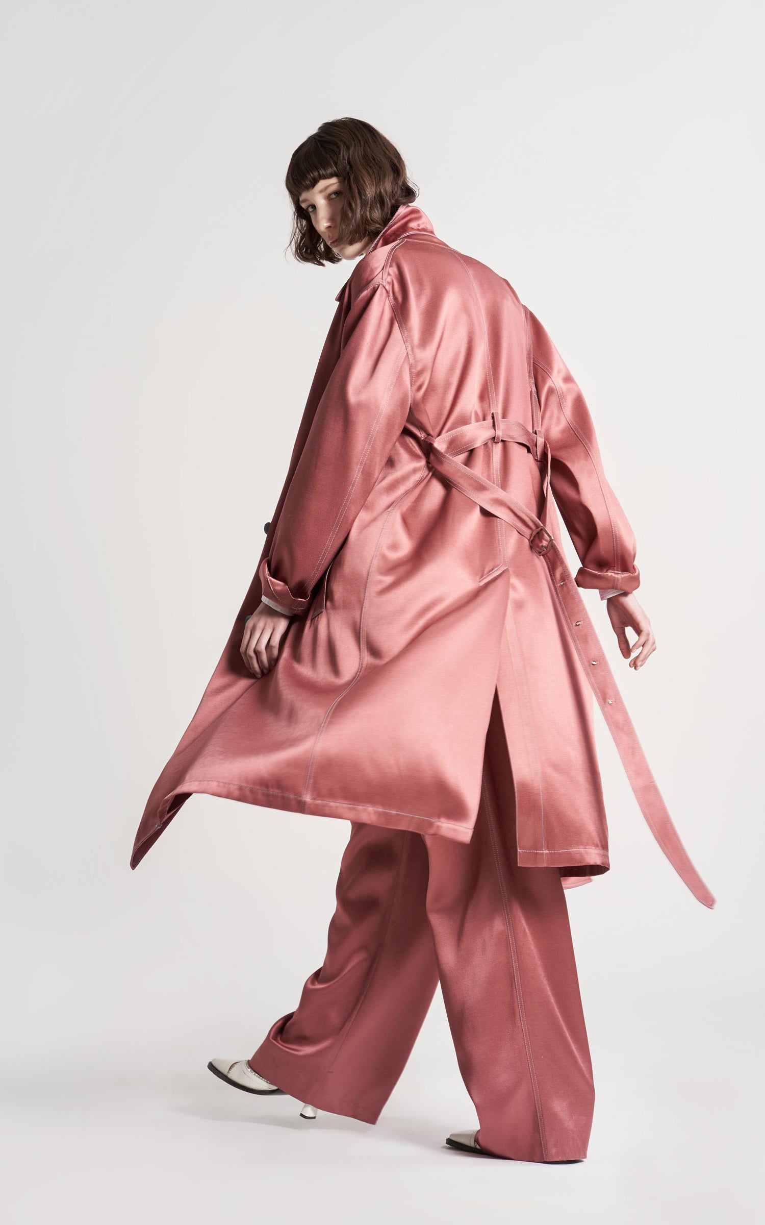 Sigourney Twill Satin Double Breasted Trench Coat